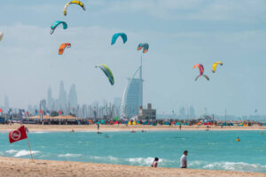Kite surfers enjoying open winds at Jebel Ali Beach
