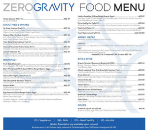 Zero gravity Menu Dubai
