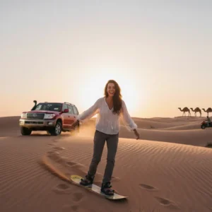 A woman sandboarding on golden dunes during a morning desert safari in Dubai with a 4x4 Land Cruiser and camels in the background at sunrise.