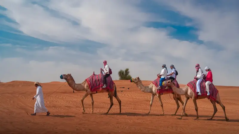 Camel ride desert safari in Dubai with golden sand dunes and sunset views
