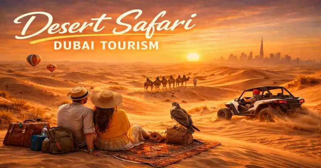 Tourists enjoying dune bashing and camel riding during a desert safari in Dubai