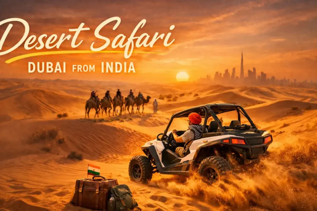 Indian tourists enjoying desert safari Dubai with dune bashing, camel rides, and sunset views