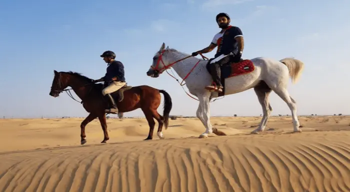 A person riding a horse through the golden sand dunes of the Dubai desert, part of a thrilling desert safari experience