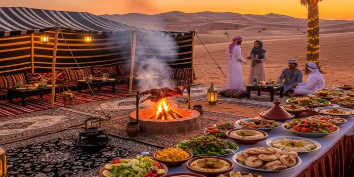 Arabic cuisine desert safari Dubai with BBQ dinner, camel ride, and cultural entertainment under the stars