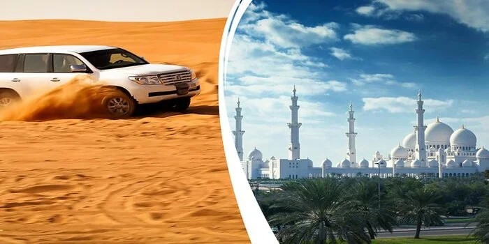 Desert safari in Dubai with red sand dunes and Abu Dhabi city tour landmarks