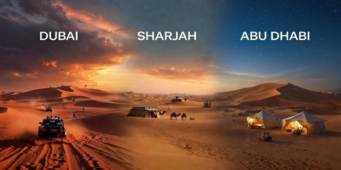 Panoramic desert safari view showing Dubai, Sharjah, and Abu Dhabi deserts with camels, dune bashing, and luxury desert camps during sunset.