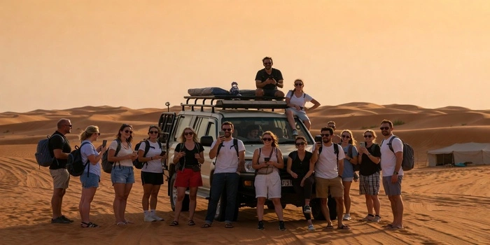 Budget desert safari in Dubai with shared 4x4 tour group and red sand dunes at sunset