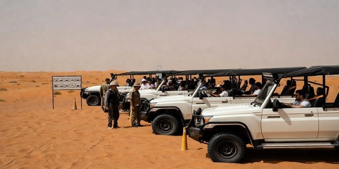 Desert safari Dubai new rules illustrated by organized 4x4 vehicles and safety briefing in the desert