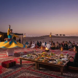 A traditional evening desert safari camp in Dubai featuring a Tanoura dancer performing in the center, a lavish BBQ buffet spread, and guests dining under fairy lights at sunset.